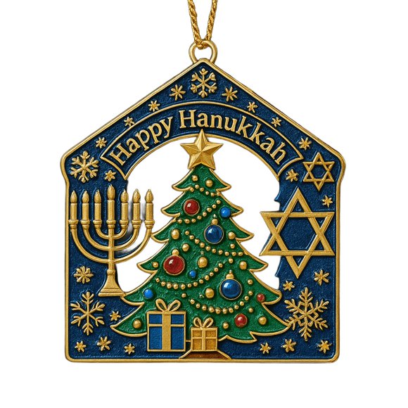Christmas Ornament Featuring Christmas Tree And Hanukkah Menorah With Gold-Tone Accents And Enamel Coloring