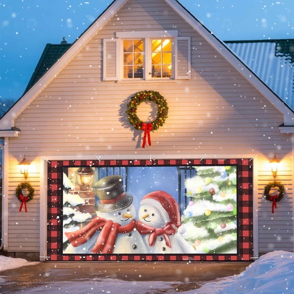 Snowman Snow Christmas Garage Door Decorations, 6.9x8ft Garage Door Cover Banner with Grommets, Outdoor Garage Door Backdrop Mural for Holiday Party Wall Decor, Xmas Tree Buffalo Plaid