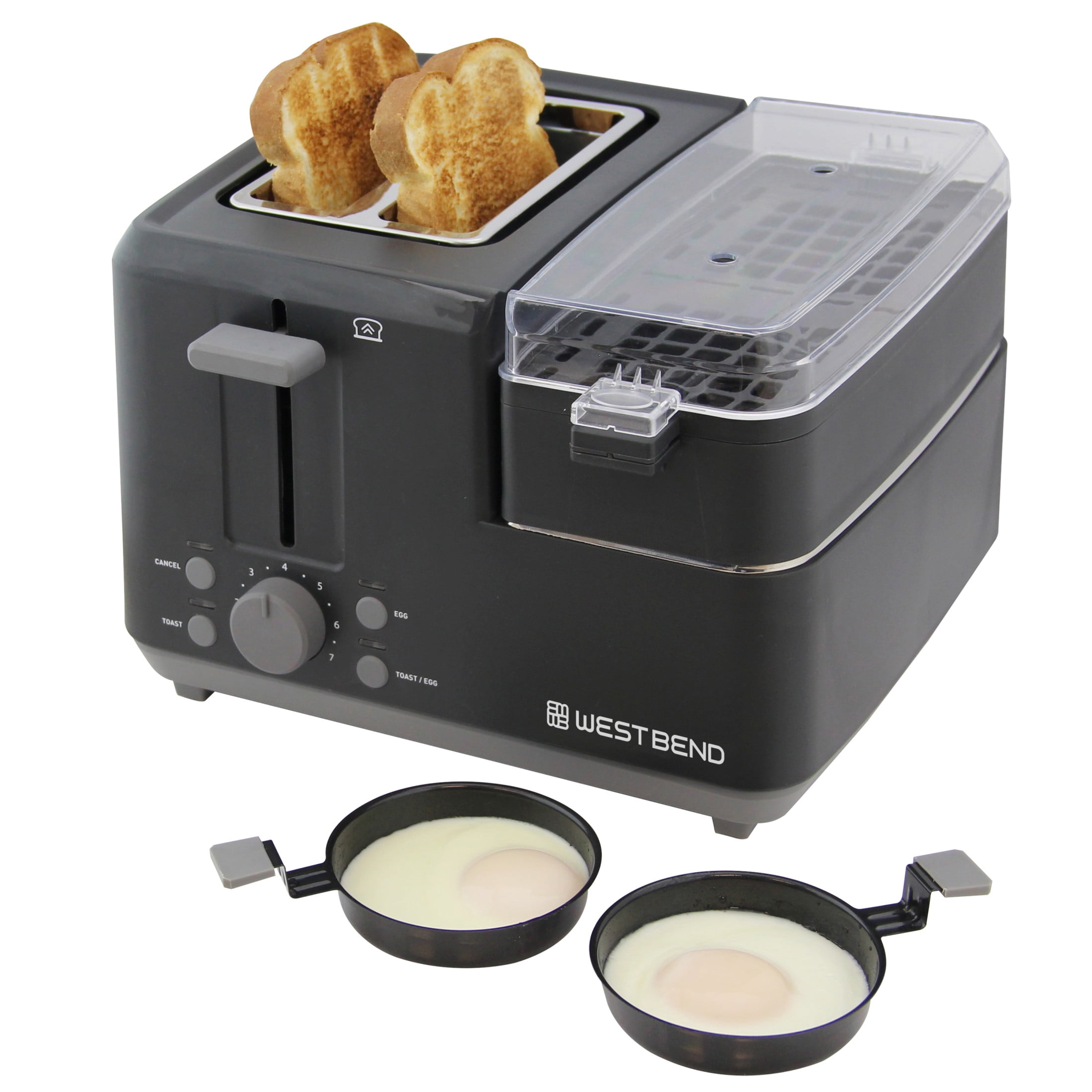 West Bend Multifunctional Breakfast Station, 2-Slice Toaster with Egg Cooker and Meat Warmer, in Black (78500)