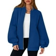 thumbnail image 4 of WTOBBY Women's Oversized Zip Up Jacket, Solid Color V-Neck Long Sleeve, Loose Fit Casual Outerwear, Street Fashion Style, Comfortable Lightweight Coat,Blue L, 4 of 6