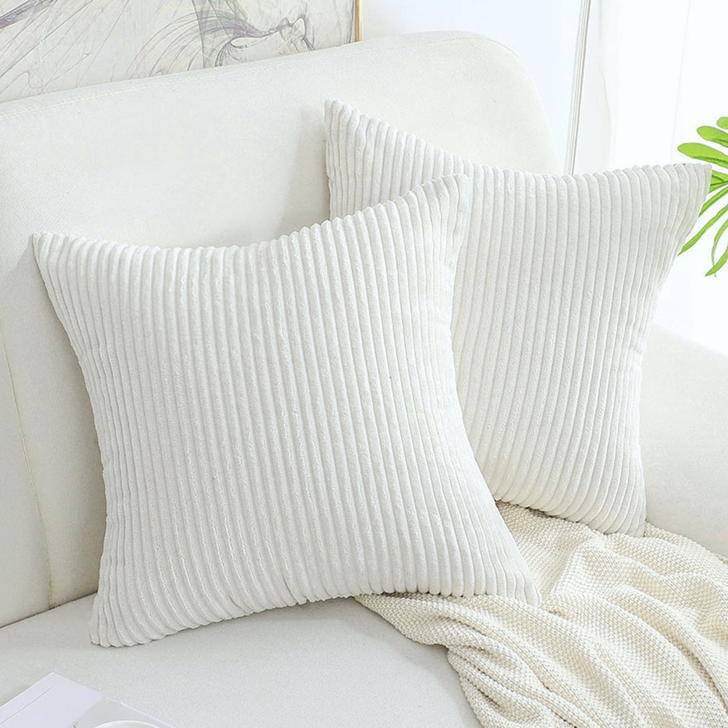 2Pcs Cream Pillow Shells Cushion Covers Corn Corduroy Striped Sofa Decor 20x20" 