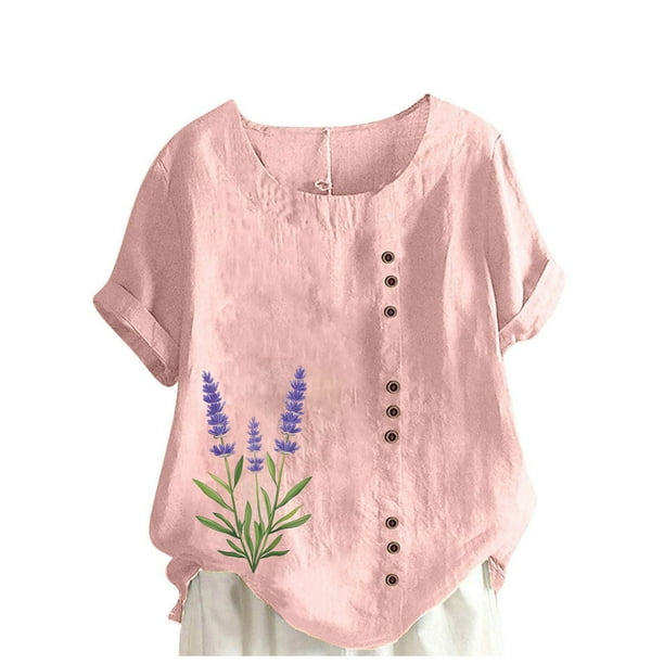 Vestidos Casuales Para Mujer, Blusas De Mujer De Moda Blusa informal de lino con botones y manga corta estampada para mujer