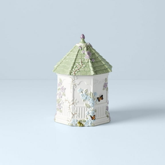 White Porcelain Gazebo Cookie Jar with Butterflies and Florals, 10-Inch