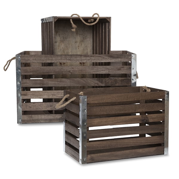 Six Slat Wood Crate Rope Handles Set of Three