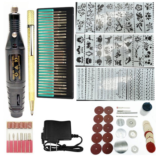 Kit de grabado negro de 108 piezas, bolígrafo de metal eléctrico, grabado eléctrico en madera con fotocopiadora, plantilla, herramienta de grabado DIY para vidrio de joyería, molino eléctrico de metal de 12 V JM MX-0139141FYD