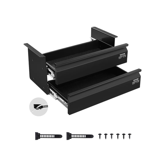 VEVOR 16" Wide Under Desk Drawer Slide Out, Under Desk Mount Pull Out Drawer Attachment, Hidden Desktop 2-Tier Storage Organizer, Under Desk Pencil Drawer for Home Sit-Stand Workstation, 18x9x8 In