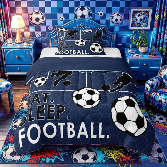 Castle Fairy Eat Sleep Soccer Twin Comforter Sets 2pcs, Sport Theme Hexagon Bedding Set, Navy Black,Navy Blue Reversible,1 Comforter and 1 Pillowcase