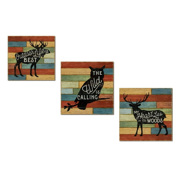 Elk, Owl and Moose "Outdoor Life Is Best," "The Wild Is Calling," "My Heart Lies In The Woods" Set by Sue Schlabach; Cabin Lodge Decor; 3-12x12in Unframed Paper Posters (Printed on Paper, Not Wood)