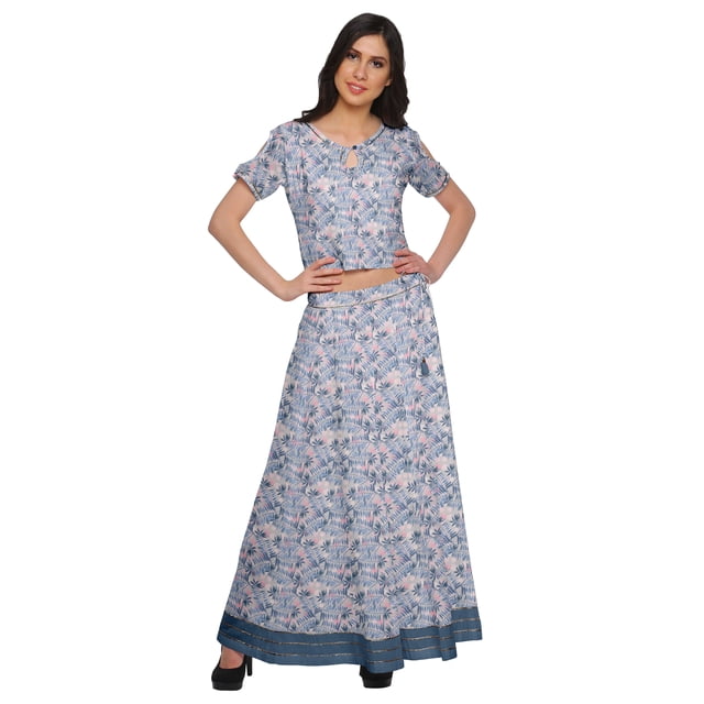 Moomaya Printed Cold Shoulder Cotton Crop Top Skirt Set Party Wear Ethnic Set