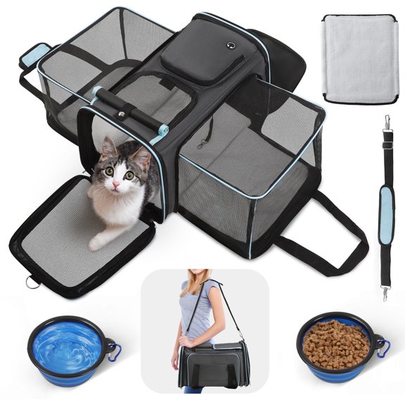 FANCYBANT Expandable Fold Pet Carrier with 2 Portable Folding Bowl,Airline Approve Carrier, 2 Sides Expandable Soft Cat Carrier with Fleece Pad for 2 Lower than 15lb Cats,Dogs,Small Animals