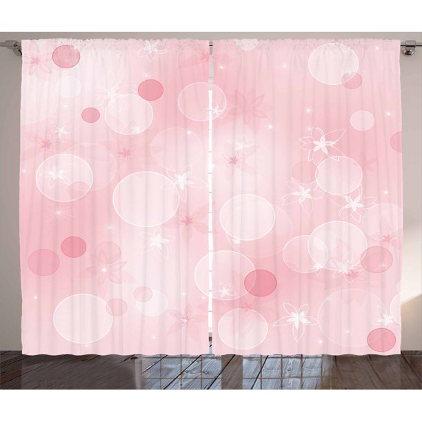 Light Pink Curtains 2 Panels Set, Floral Background with Hazy Bubbles