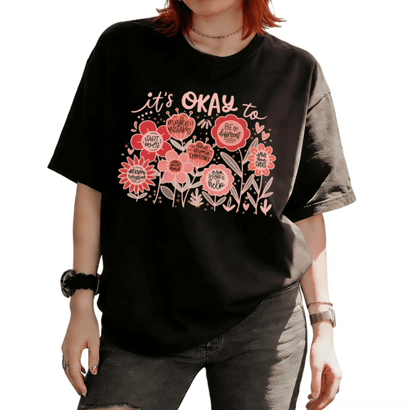 Cozymy Women's It's Okay To Floral Positive Affirmation Graphic Short Sleeve Crew Neck T-Shirt Casual Tees Tops