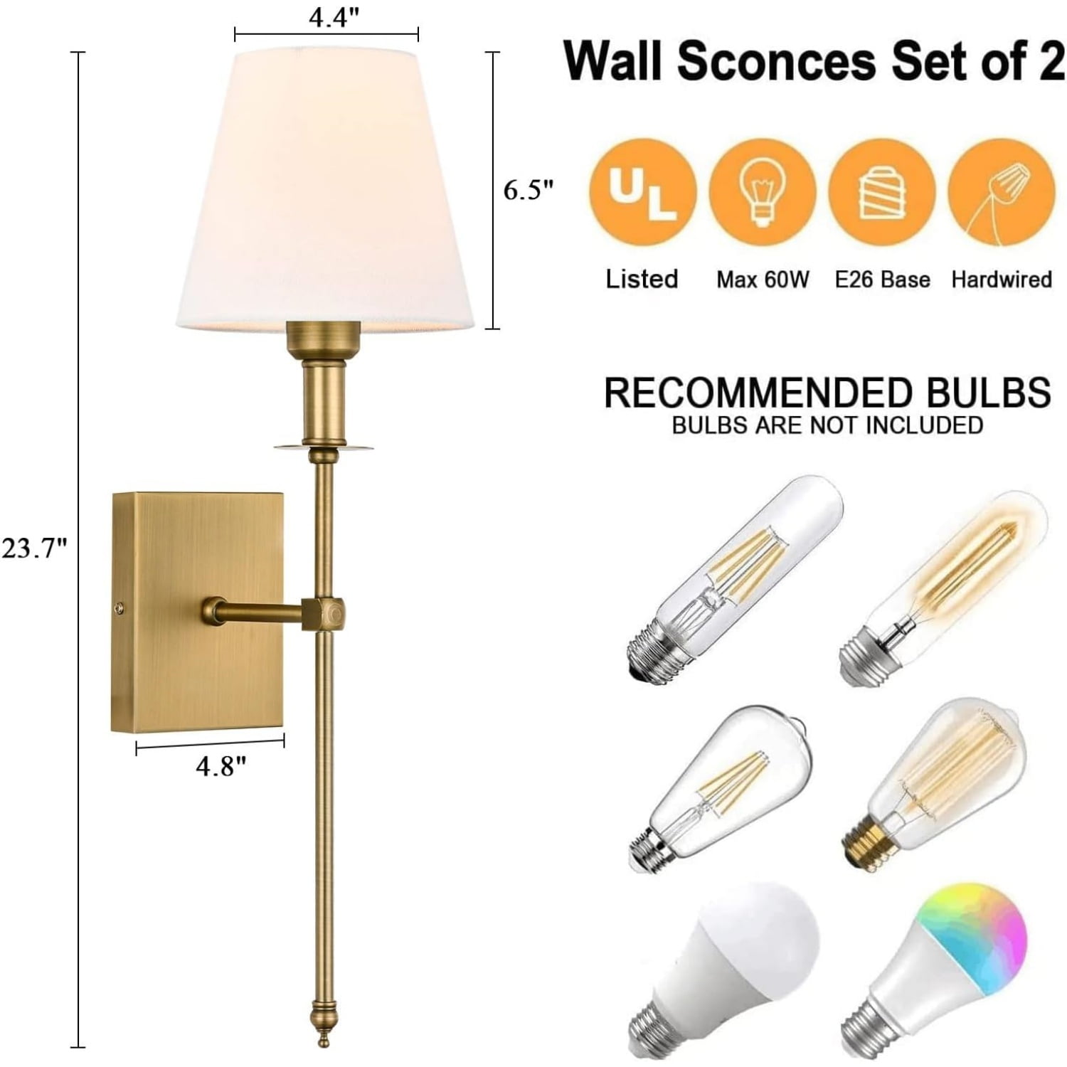 Slim Wall Sconces Set of 2 White Fabric Shade Hardwired Indoor Light Column Stand Bedroom Wall Lamp Bathroom Vanity Light Fixture, Antique Brass