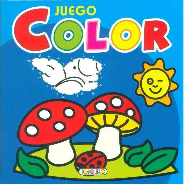 juego color: azul libro infantil TODOLIBRO con portada azul, vista frontal de dos hongos rojos con manchas blancas sobre césped verde, sol sonriente amarillo a la derecha y ejercicio punto a punto en forma de nube arriba.