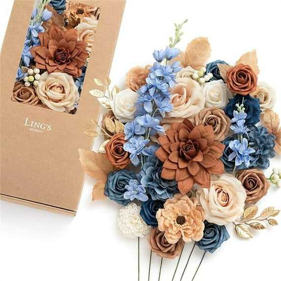 Orange & Navy Artificial Flowers and Greenery Deluxe Combo Box Set, Terracotta Fake Flower for DIY Wedding Bridal Bouquet, Centerpieces Decor, Floral Arrangement Decor, etc.