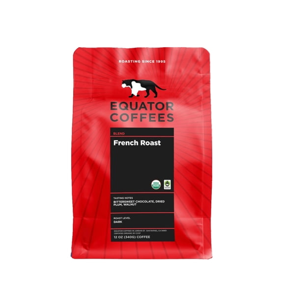 French Roast Fair Trade Organic - Roasted by Equator Coffees - Whole Bean Coffee - 12oz Bag
