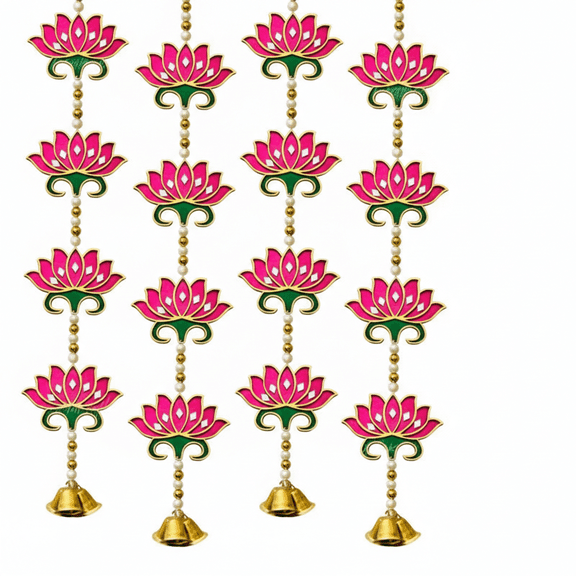 Door Hangings for Home Decoration | 4 Latkans, Pink, Size - 24 Inch Each| Temple Decoration Items, Pooja Decoration Items, Lotus with Bell Hanging Wall/Door Decoration for Home |