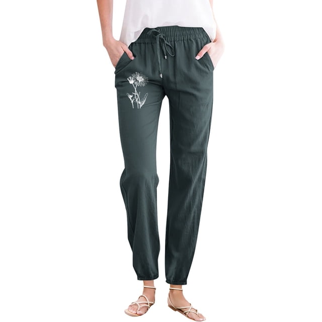 Ladies Casual Pants Solid Color Local Dandelion Print Pocket Drawstring Home Outdoor Trousers Pants Women Green L