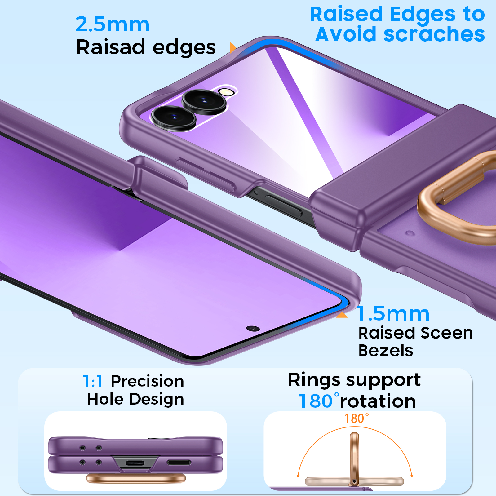 Vizvera for Samsung Galaxy Z Flip 7 Case with Ring Holder & Screen Protector & Hinge Protection,Wireless Charging,Skin Feel Matte PC,Shockproof Phone Case-Purple