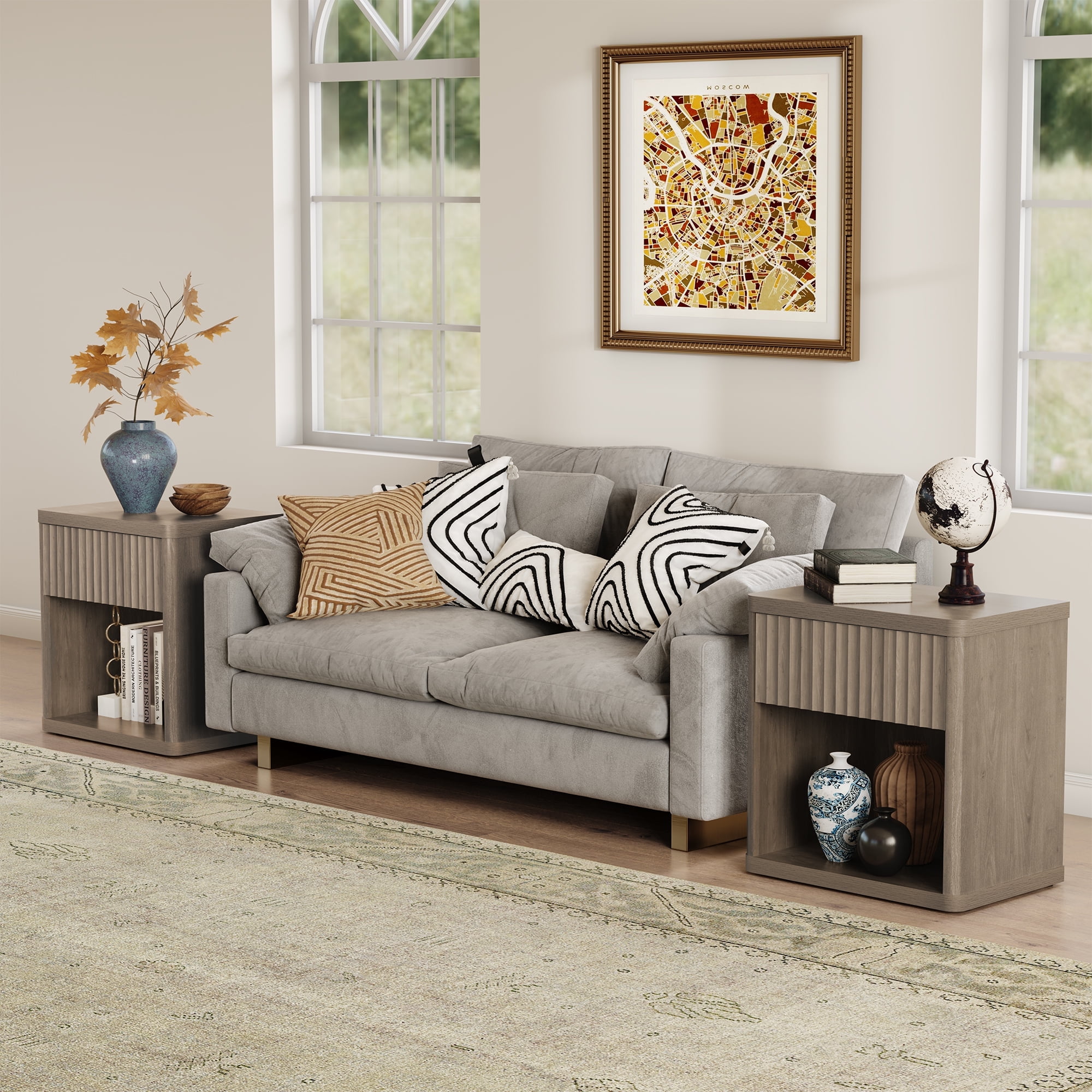 SICOTAS Fluted Nightstands for Bedroom, Farmhouse Bedside Tables with Drawer & Open Shelf,  Wood End Table for Living Room in Grey