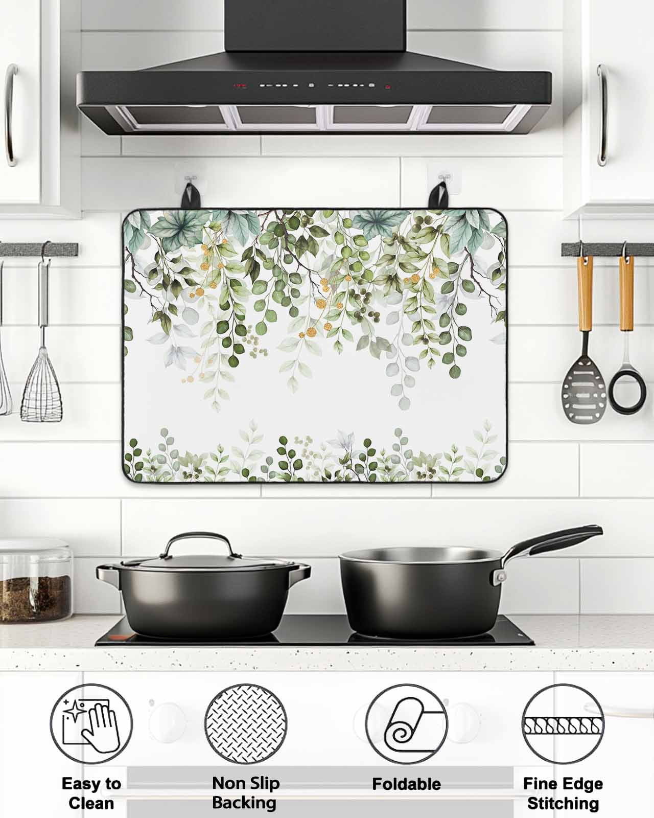 Stove Top Covers for Electric Stove, Green Eucalyptus Leaves Glass Stovetop Cover Protector, Summer Botanical Weeping Induction Cooktop Protector Oven Mat for Kitchen Countertop 24"x21"