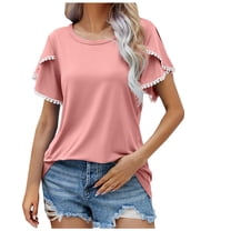Annhoo Summer Tops for Women Cute Petal Short Sleeve Round Neck Dressy Shirts Fashion Lace Crochet Outfits