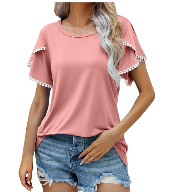 Timegard Hauts pour Femmes Été Col Rond Manches Courtes Pétale Blouses Confortables Chic Décontracté Tuniques