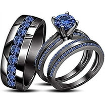 beryl_creation Unisex 14K Black Gold Plated 1.55 Ct Round Cut Blue Sapphire Wedding Engagement Trio Ring Set 925 Sterling Silver For Men's & Women's -8