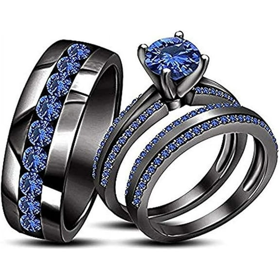 Divine Creation Unisex 14K Black Gold Plated 1.55 Ct Round Cut Blue Sapphire Wedding Engagement Trio Ring Set 925 Sterling Silver For Men's & Women's -6.5