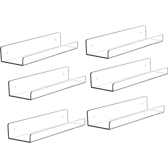 shiyou-15 inch Clear Acrylic Floating Wall Ledge Shelf Display,6pcs Wall Mounted Nursery Kids Bookshelf Invisible Spice Rack, Bathroom Storage Shelves Display for Bedroom Office Toy Picture Ledge, 5M