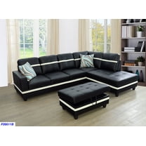 AYCP Furniture_NEW STYLE_ L Shape Sectional Sofa Set with Storage Ottoman, Right Hand Facing Chaise, Faux Leather Upholstery Material, Black Colors