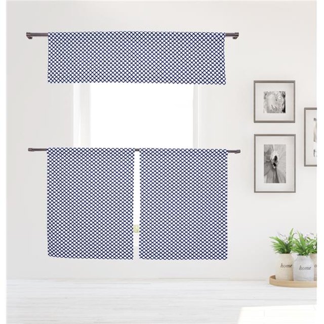 Vera MEDI 15113D=12 Tier & Valance Set - Window Curtain Panels - Geometric - Navy Blue
