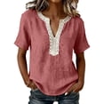 thumbnail image 2 of ClodeEU Women's Linen Blend V Neck Short Sleeve Top with Lace Trim ,Solid Color Casual Blouse Pink,Womens Plus S, 2 of 7