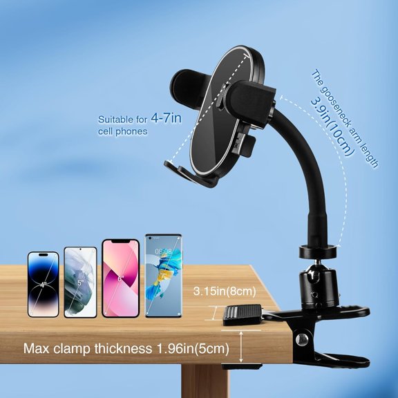 XZHANH-Clip Phone Holder with 360° Gooseneck Arm & Auto-Locking Clamp,Short/Medium/Long Arm Options for Desk, Mic Stand, Table,Treadmill – Fits 4-7" Smartphones(Short-3.9 inch Arm)
