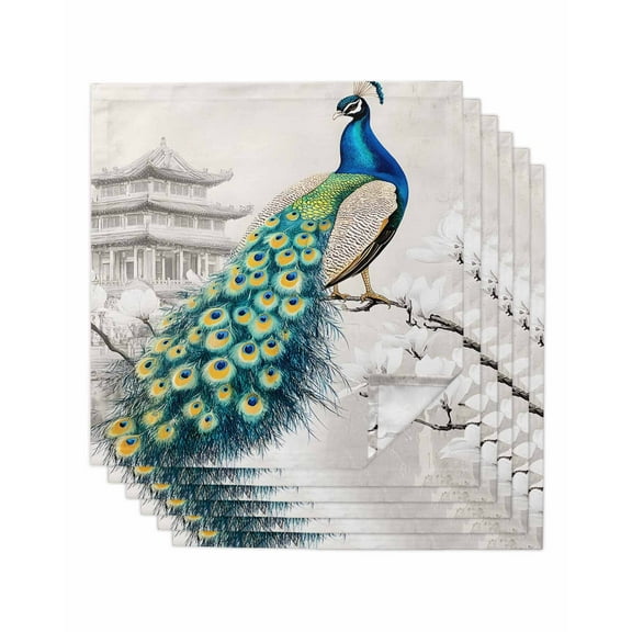 nqOlkjepod Vintage Peacock Cloth Napkins Set of 6 Reusable Dinner Napkins, Watercolor Peacock Feather Flower Cocktail Napkin Washable Table Napkins for Wedding/Holiday Party/Baby Shower 20"x20"