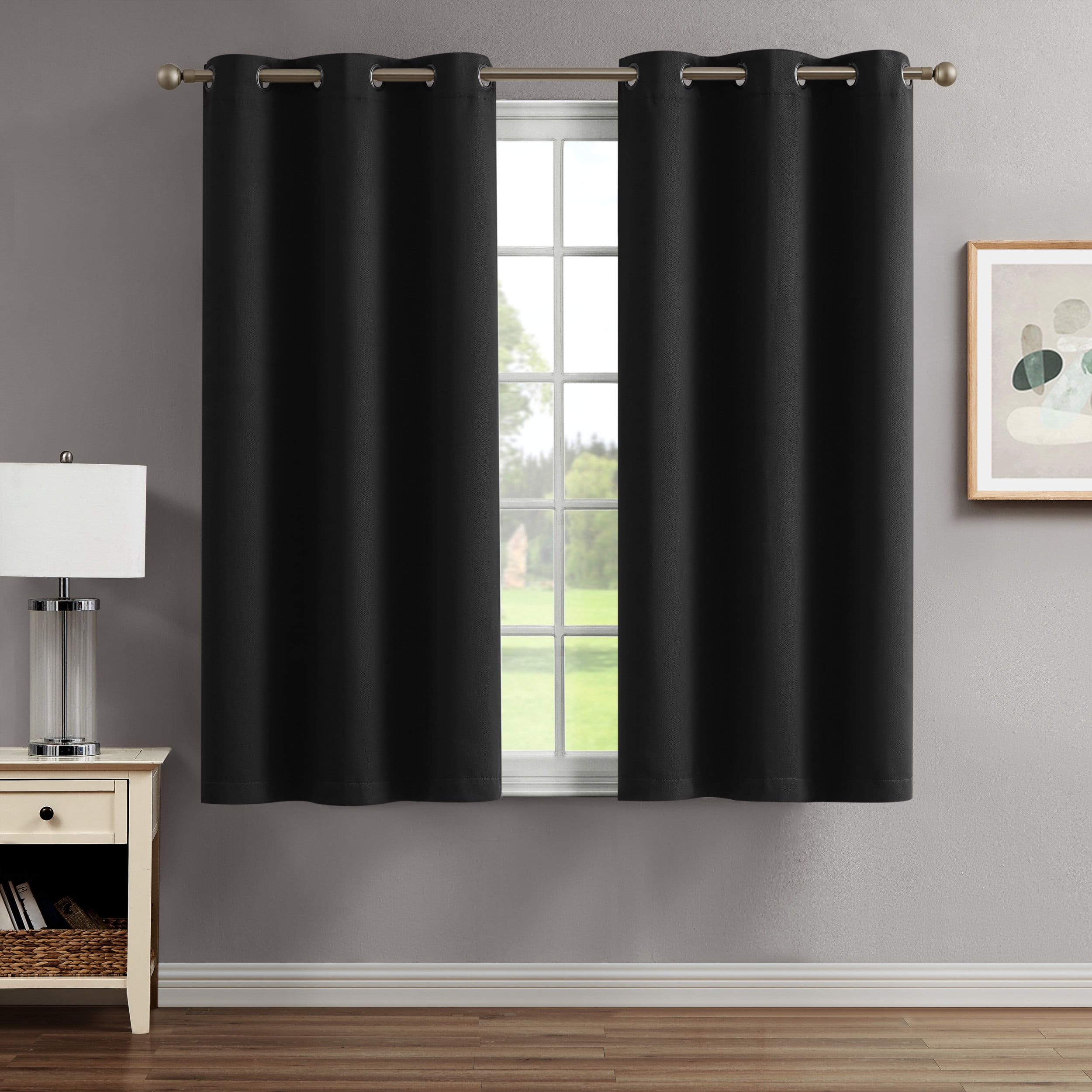 Black Embossed Thermal Woven Window Curtain Pair w Tiebacks, 38x63, Jasper