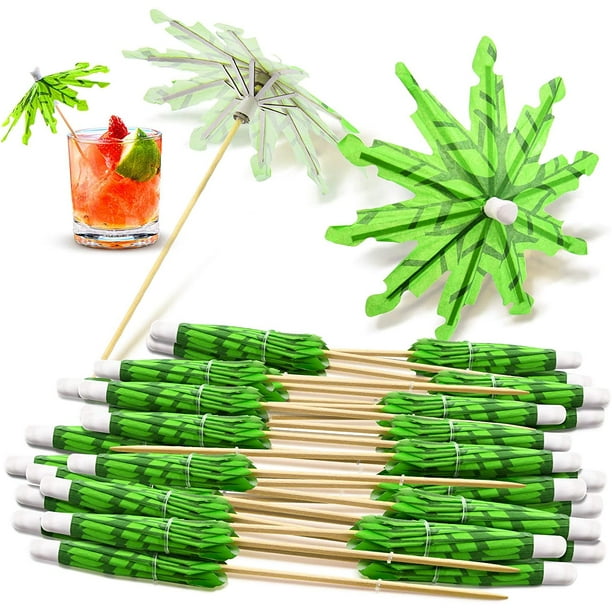 40 palillos de dientes de palmera de coco tropical verde, paraguas de papel, palillos de bambú, palillos de sombrilla de cóctel hechos a mano para decoraciones de cóctel Ormromra WRLF-575