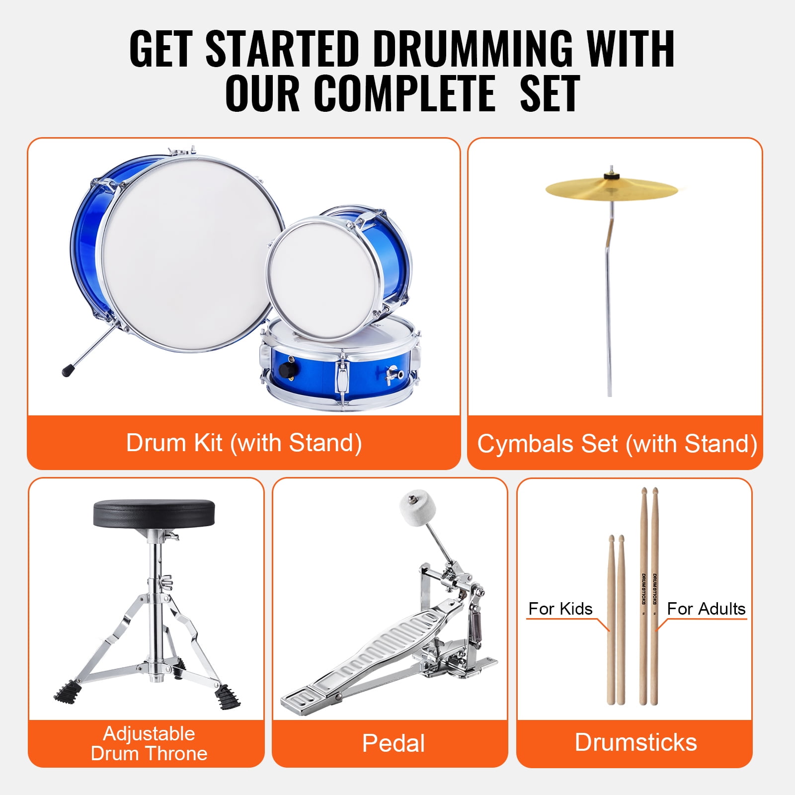 KFFKFF Children's Drum Kit, 3-Piece Set Drum, 14 '', Includes Adjustable Seat, Cymbal, Pedal, 2 Drumstick Pairs, 8'' Tom, 10'' Snare, 14'' Bass Drums, Ideal for Beginners, Blue