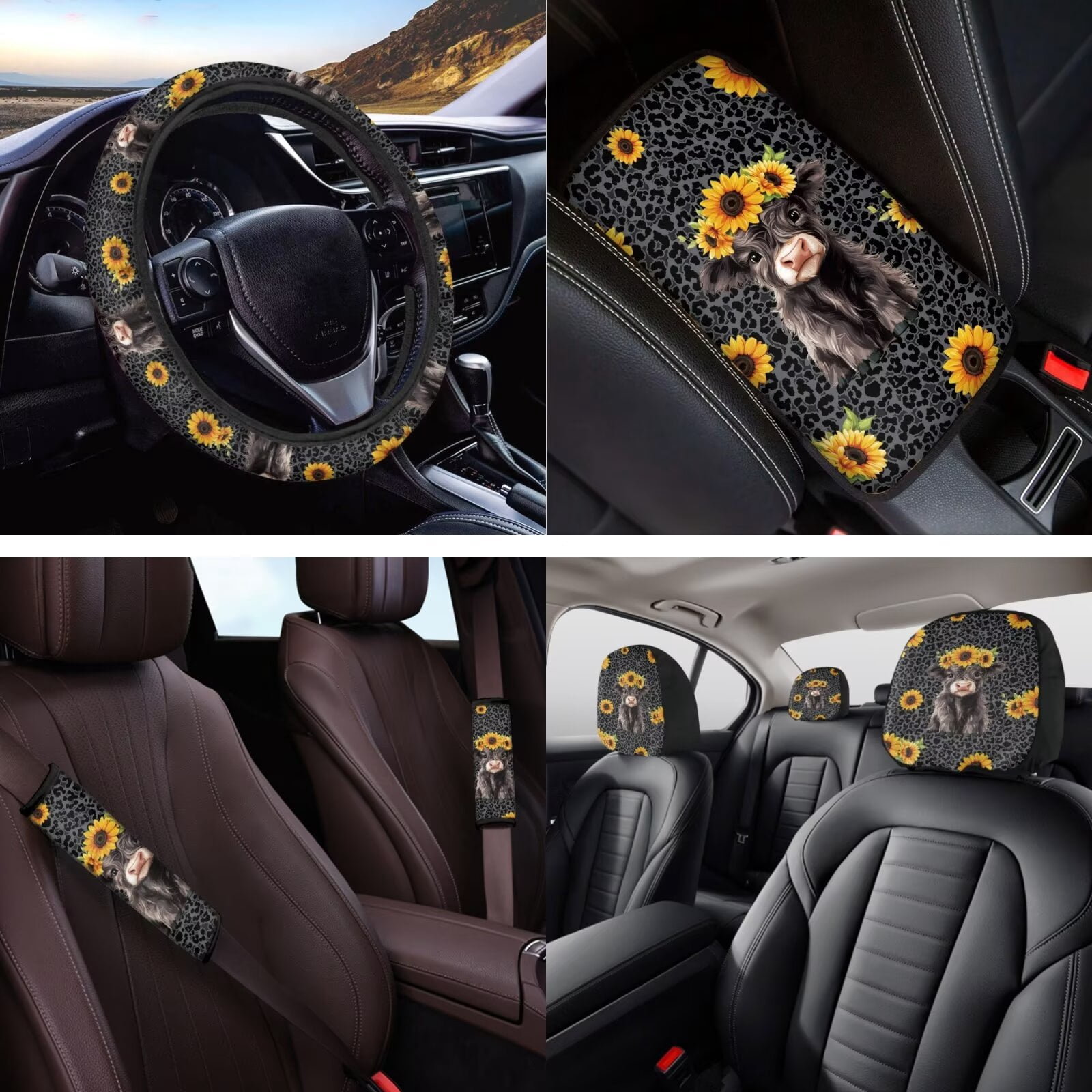 HUIACONG Black Leopard Print Car Seat Covers Full Set Car Accessories Seat Covers with Seat Belt Covers Armrest Cover Steering Wheel Cover Headrest Cover Coaster Keychain 14 Pcs