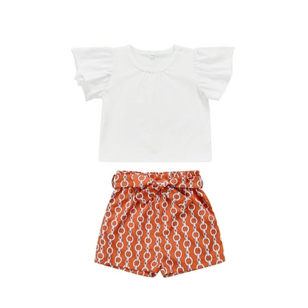 

Canrulo Toddler Kids Baby Girls Summer Clothes Short Sleeve Ruffle Crop Top with Belt Shorts Pants 2PCS Outfits White 3-4 Years