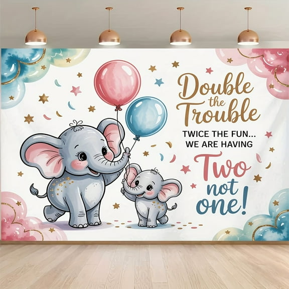 Elephant Twins Baby Shower Backdrop Double The Trouble Twice The Fun We are Having Two Not One Photography Background Watercolor It's Twins Gender Reveal Party Decorations Banner Photo Booth Props