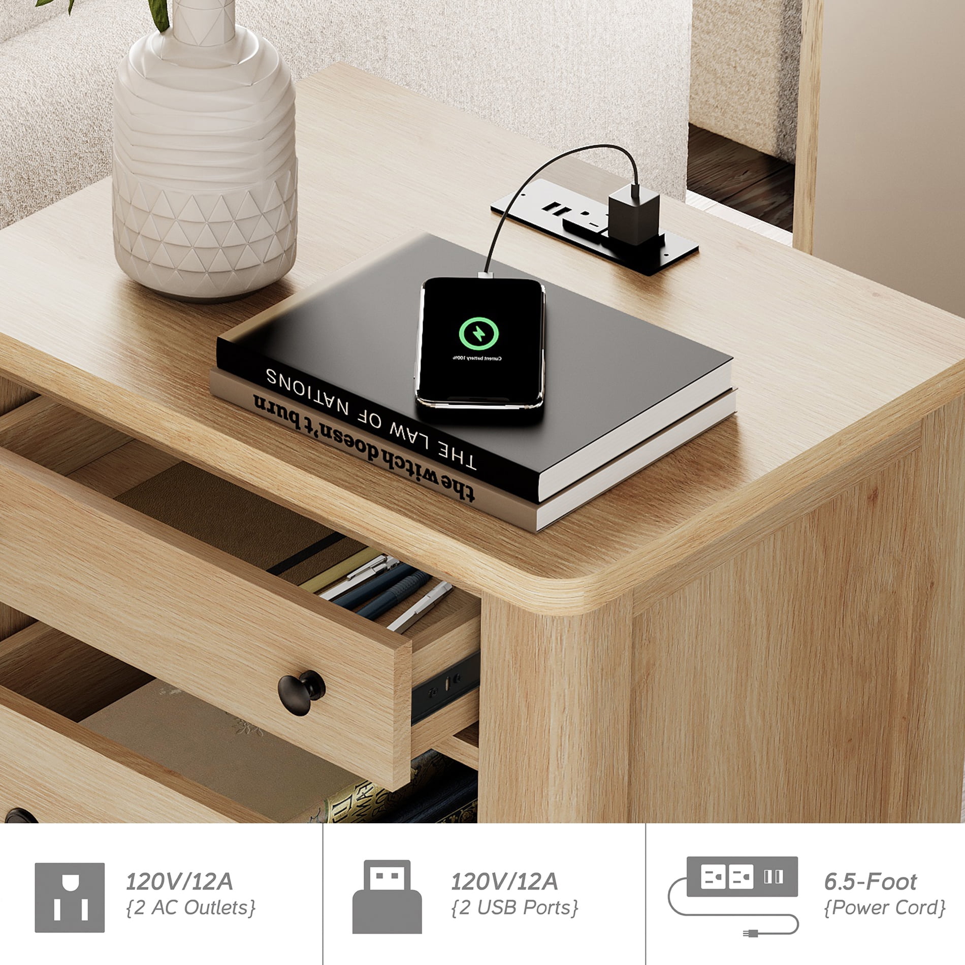 3PCS Farmhouse Dresser Set, 9-Drawer Dresser For Bedroom And Wood Nightstand Set Of 2 With Charging Station For Bedroom, Living Room, Hallway,Dining Room