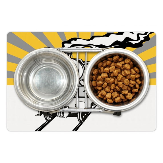 Railroad Pet Mat for Food and Water, Steaming Locomotive with Sunburst Effect on the Background, Non-Slip Rubber Mat for Dogs and Cats, 18" X 12", by Ambesonne