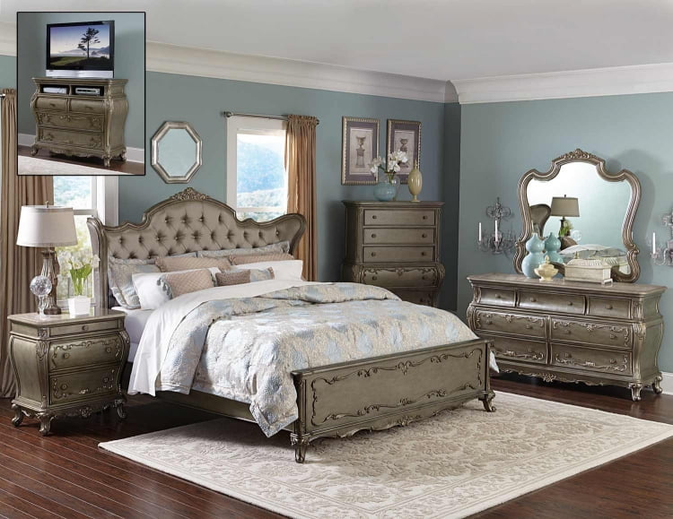 Farah 5 Piece Queen Bedroom Set In Rich Silver With Gold Underton Finish Walmart Com