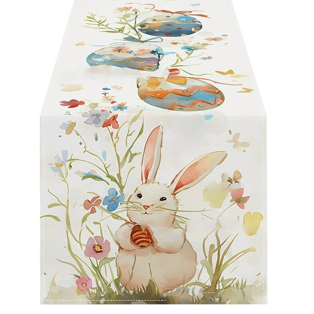 Binwennn Easter Table Runner Linen Bunny Print Home Tablecloth Holiday Party Table Decoration Tablecloth Mat B Table Linens Napkins Beaded Table Runners 36 Inches Long Table Wedding Table Christmas