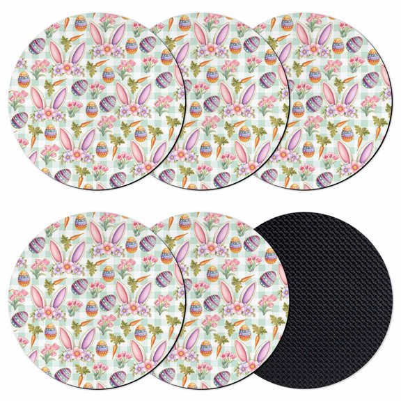 Easter Coasters Set of 6, Absorbent Coasters for Drinks, Spring Rabbit Ears Eggs Carrots Floral Green Plaid Coaster for Desk Coffee Table Protection, Home Decor House Warming Gifts 4"