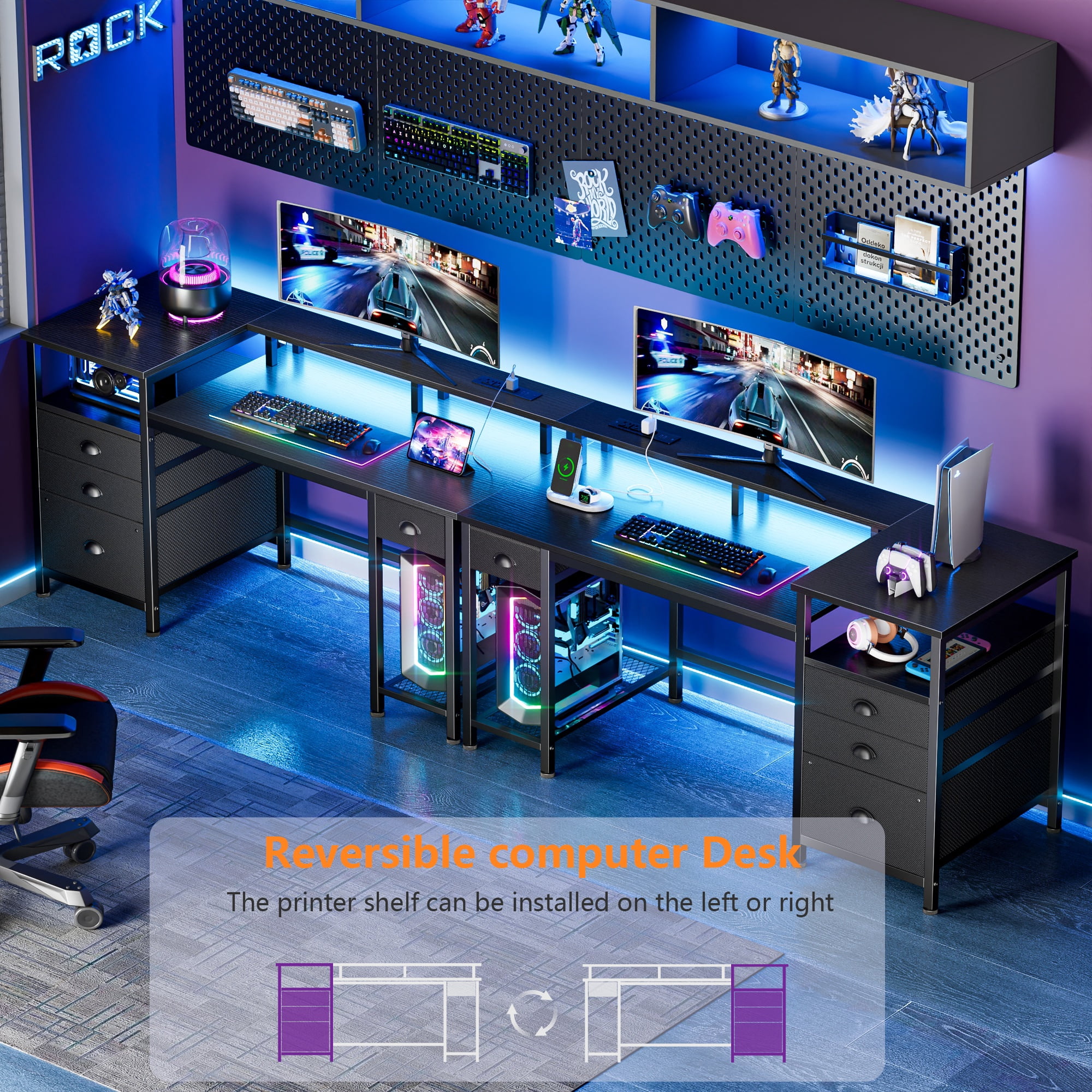 Satifur 51 Inch Black Computer Desk with Ergonomic Monitor Platform, Home Office Gaming Desk with CPU Grid Storage Rack, RGB LED Lights & Power Outlet