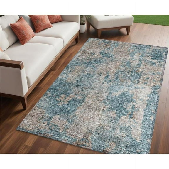 HomeRoots 564291 5 x 8 ft. Teal & Taupe Abstract Washable Non Skid Indoor Outdoor Rectangle Machine Woven Area Rug