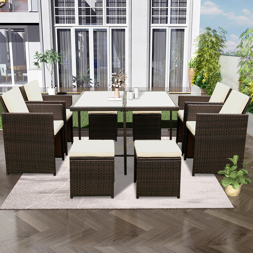 9 Piece Patio Dining Set, Outdoor Space Saving Rattan Chairs with Ottoman & Table, Outdoor