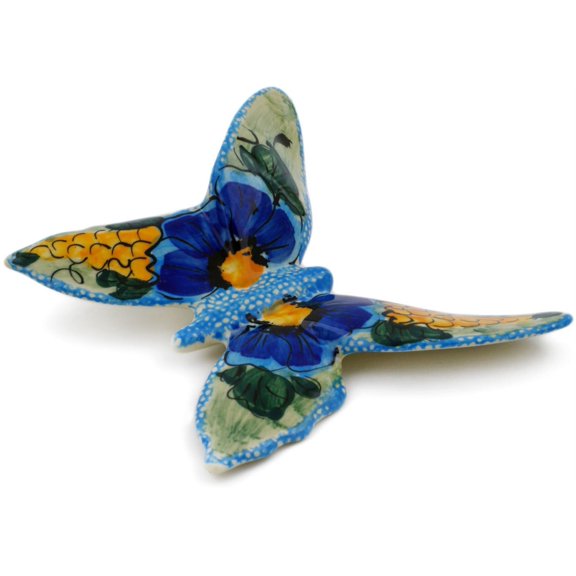 Polish Pottery 5-inch Butterfly Figurine (Corn In The Blue Theme) Signature UNIKAT Hand Painted in Boleslawiec, Poland   Certificate of Authenticity